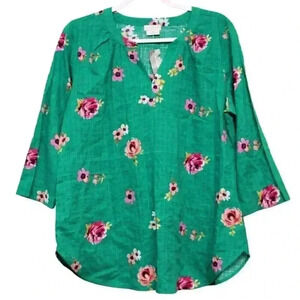 NWT Van Heusen Blouse Womens Size Medium Kelly Green Floral Cotton Tunic V-Neck